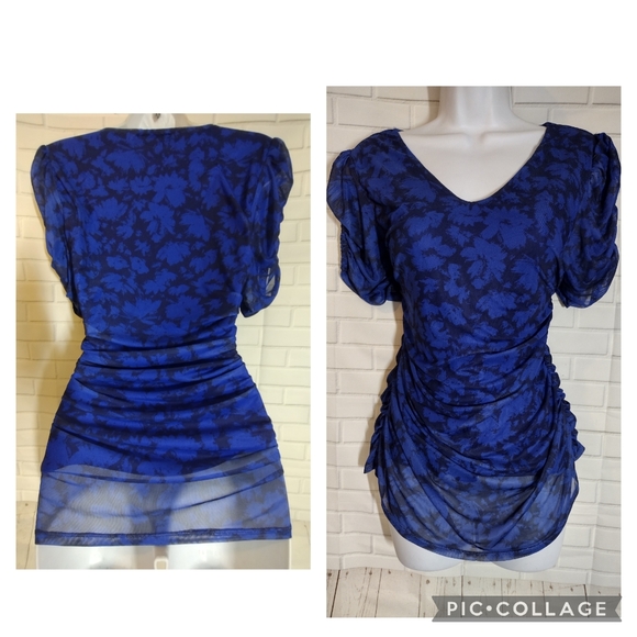 Cable & Gauge Blue and Black Abstract Mesh Stretch Top - Picture 1 of 7